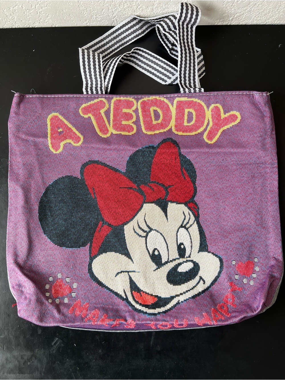 Vintage Disney Minnie Mouse Large Woven Tapestry Tote Bag - Purple and Grey